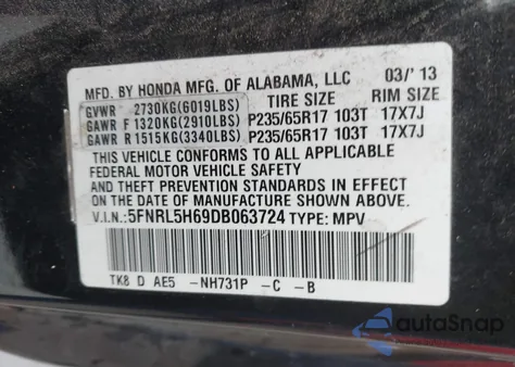 2013 Honda Odyssey Ex-L z USA, uszkodzony, nr VIN 5FNRL5H69DB063724